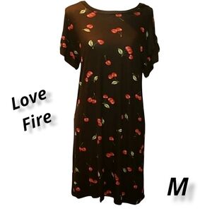 Love Fire Tee Shirt Dress Black with Cherries EUC